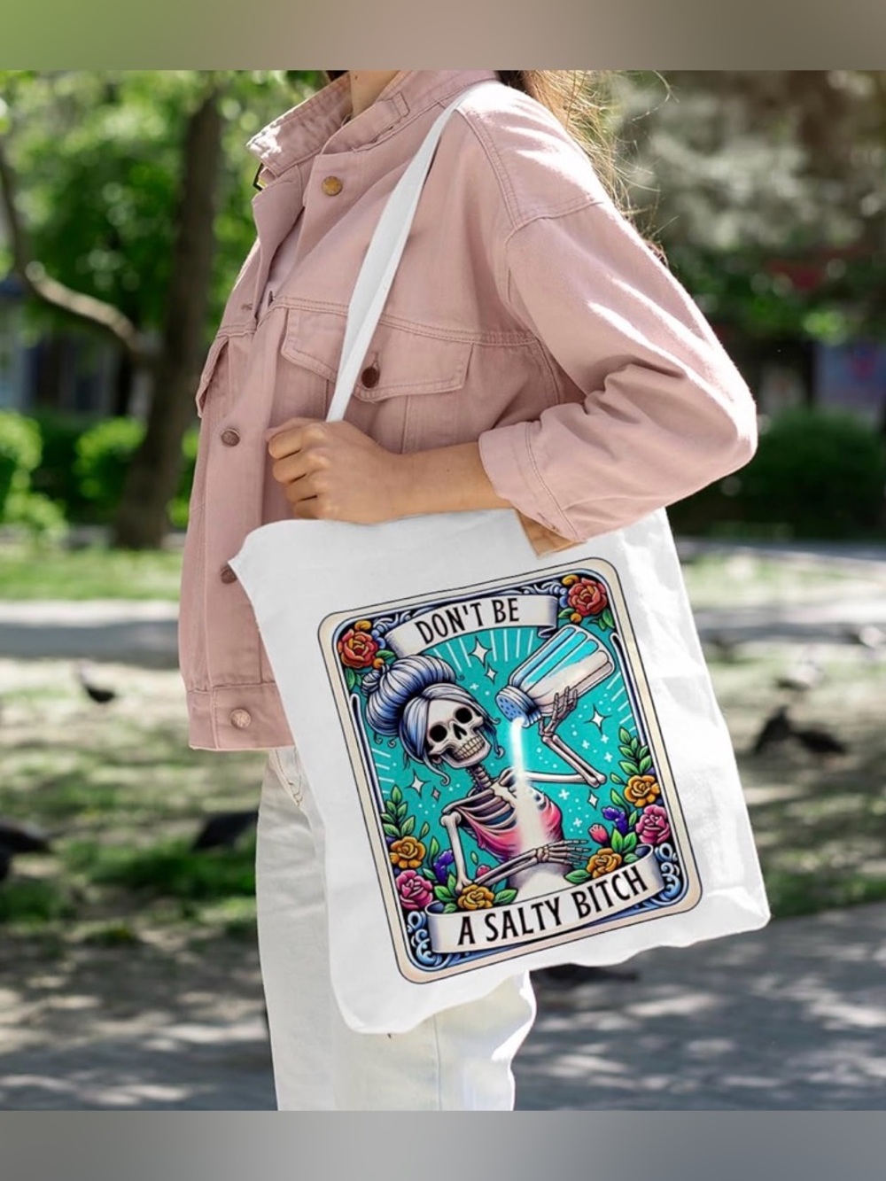 NWT Don't Be A Salty B!tch Skeleton Tote Bag Cotton Eco-Friendly Tarot Style - Picture 4 of 7
